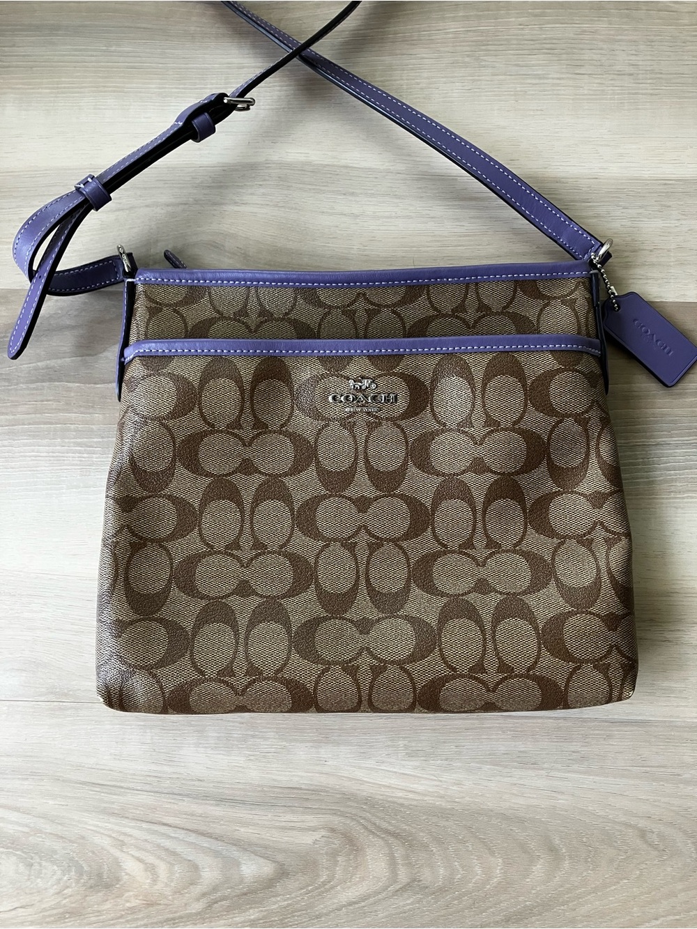 Coach File Signature Crossbody with Purple Trim